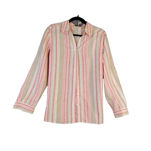 Studio Works Shirt Size M Linen Tan Red Stripe Tab Sleeve Resort Beach Coastal - Picture 1 of 7